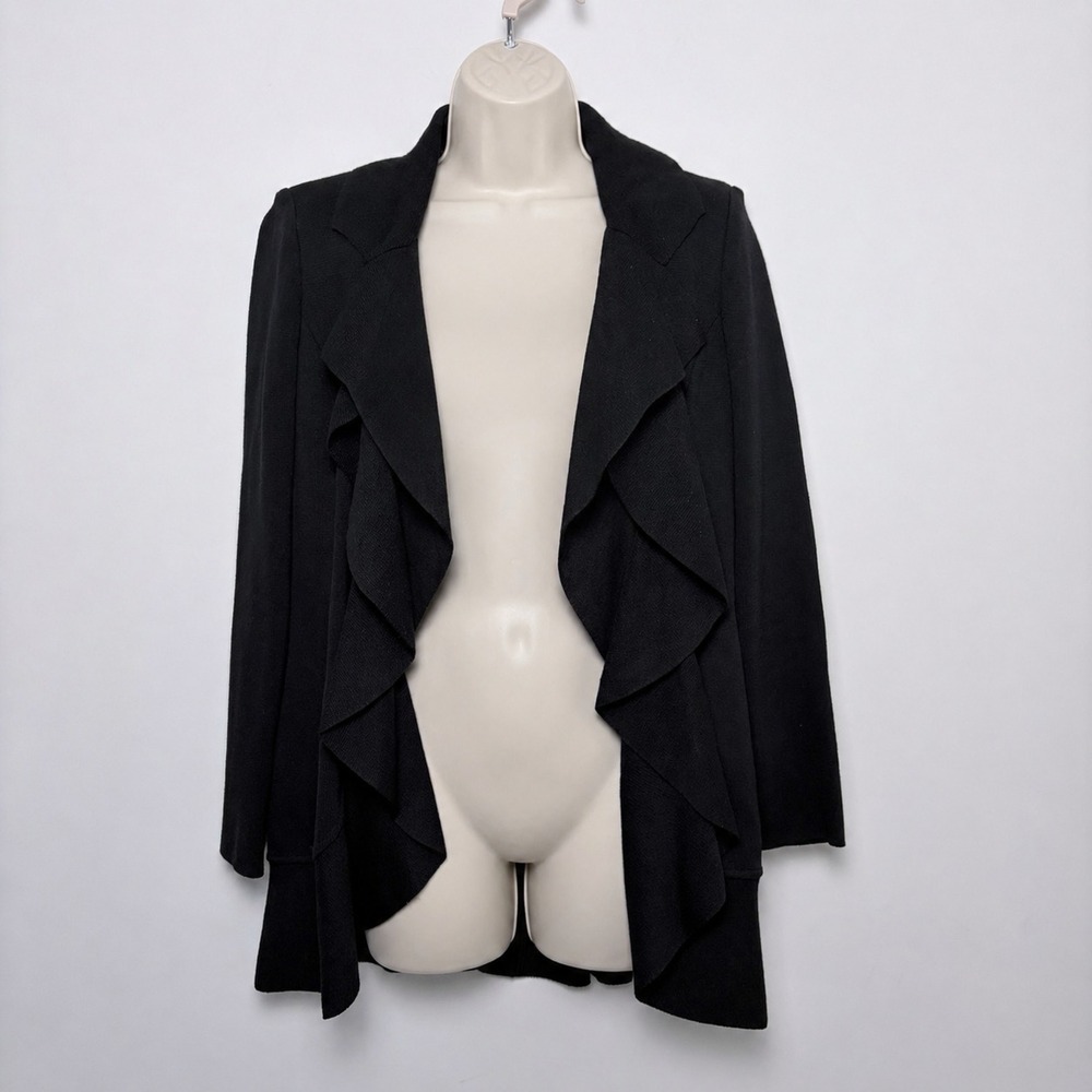 St. John Caviar Cascading Ruffle Cardigan Womens Sz 4 Black Wool Blend Formal